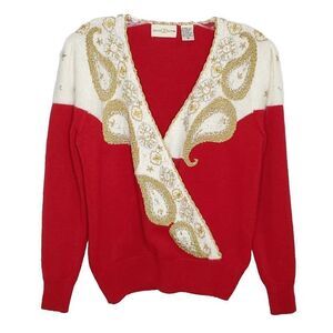 Vintage 90s Christmas Holiday Sweater S Paisley Floral Beaded Red Metallic Gold